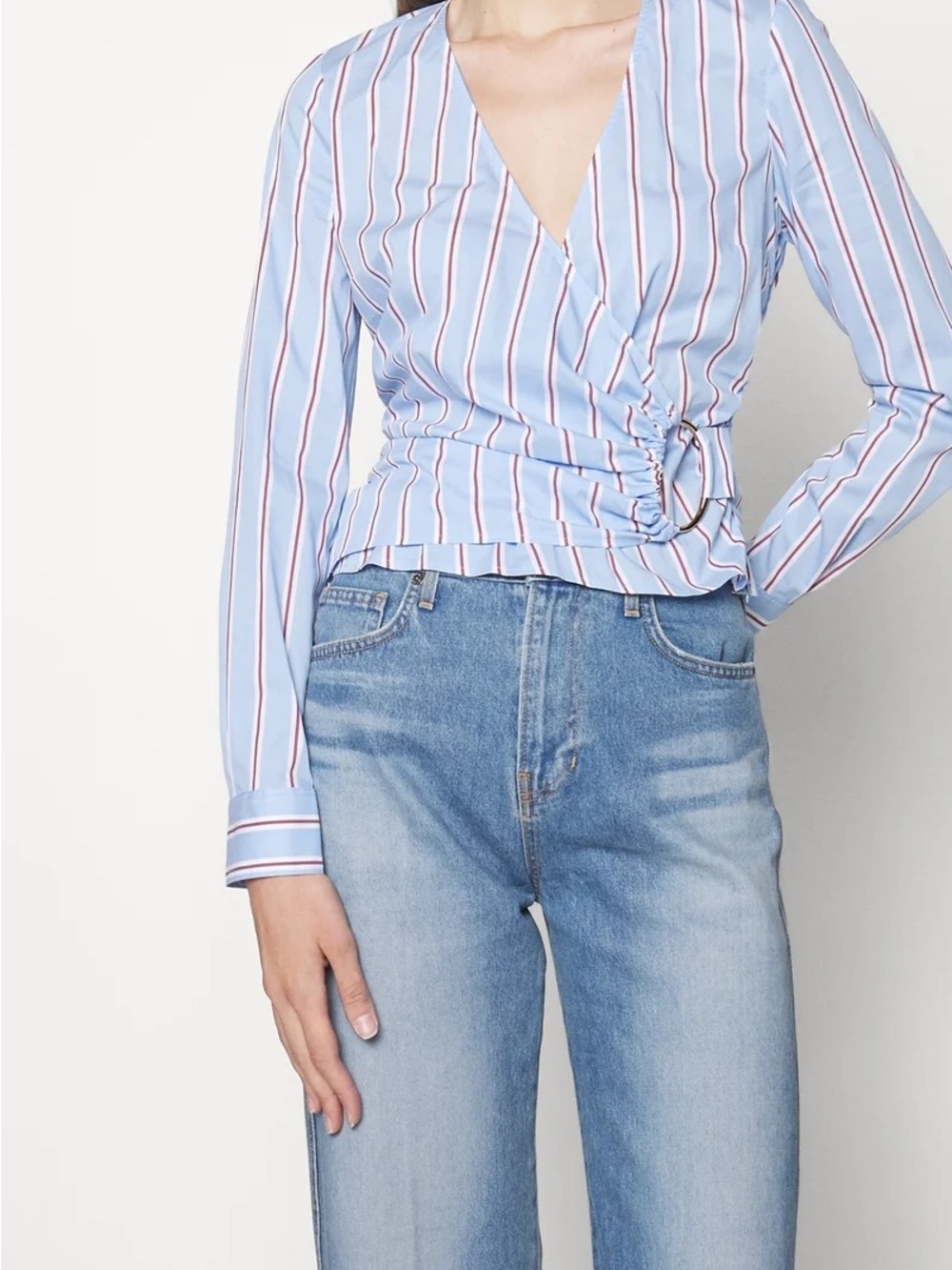 Veronica Beard Striped Light Blue Wrap Blouse with Ring Detail